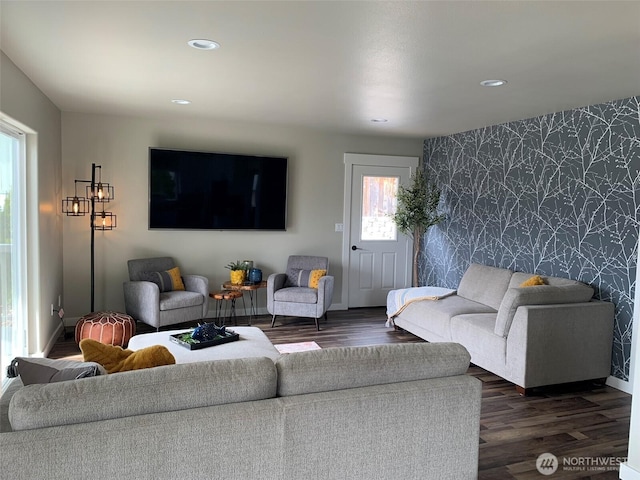 217 San Remo Ln, Chelan, WA 98816 - living area featuring wallpapered walls, an accent wall, dark wood-style floors, and recessed lighting