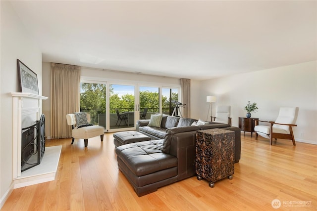 2565 Dexter Ave N Unit 103, Seattle, WA 98109 - living area with light wood-style flooring and a fireplace with raised hearth