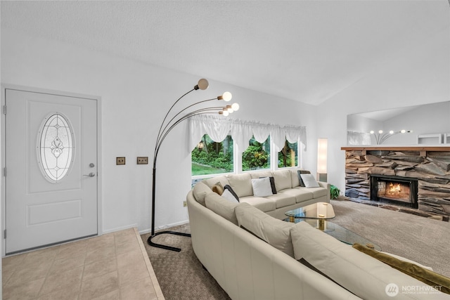 20814 28th Ave SE, Bothell, Bothell, WA 98021 - tiled living area featuring lofted ceiling and a stone fireplace