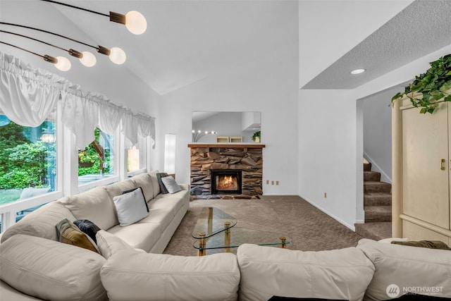 20814 28th Ave SE, Bothell, Bothell, WA 98021 - carpeted living area with stairs, high vaulted ceiling, and a fireplace
