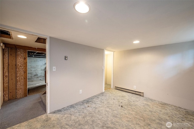 2991 Main St, Custer, WA 98240 - finished basement with a baseboard heating unit, carpet floors, and recessed lighting