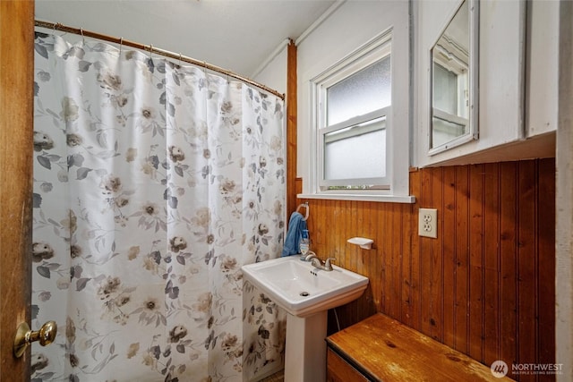 2991 Main St, Custer, WA 98240 - full bathroom with wooden walls, a shower with curtain, and ornamental molding