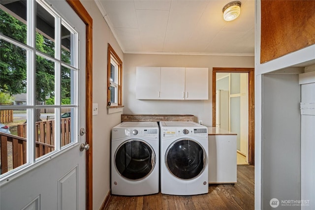 2991 Main St, Custer, WA 98240 - washroom featuring cabinet space, washing machine and dryer, dark wood-style floors, and ornamental molding