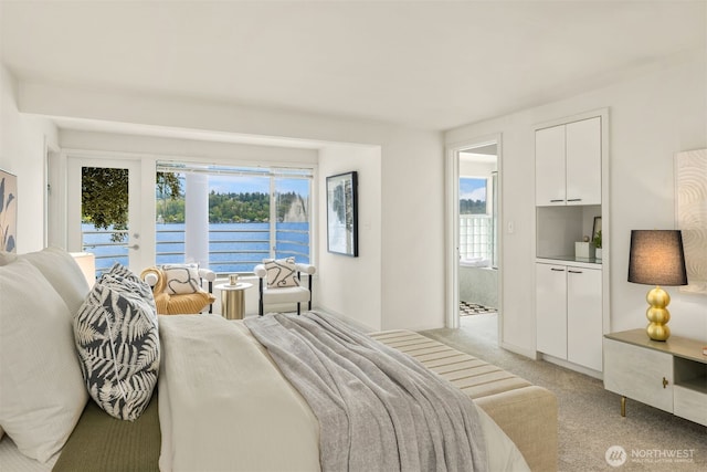 5438 E Mercer Way, Mercer Island, WA 98040 - bedroom with multiple windows, light colored carpet, and a water view