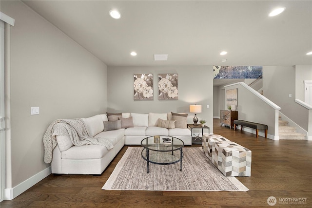 18611 134th St E, Bonney Lake, WA 98391 - living area featuring recessed lighting, stairs, and wood finished floors