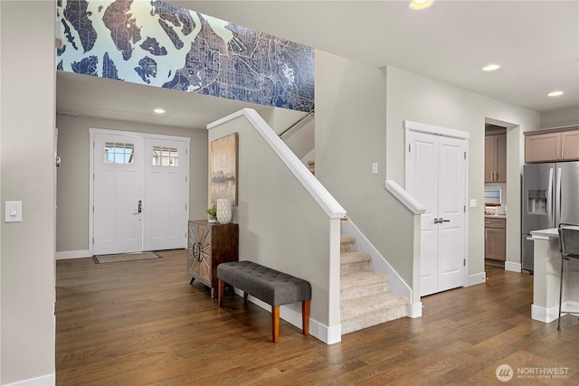 18611 134th St E, Bonney Lake, WA 98391 - foyer entrance with recessed lighting, stairs, and dark wood finished floors