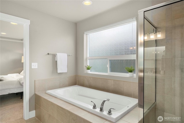 18611 134th St E, Bonney Lake, WA 98391 - bathroom featuring connected bathroom, a bath, a stall shower, tile patterned floors, and recessed lighting