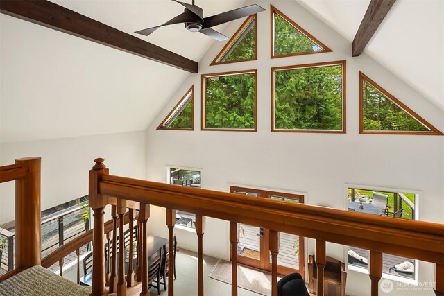 25112 SE 17th St, Sammamish, WA 98075 - hall with an upstairs landing, high vaulted ceiling, beamed ceiling, and tile patterned flooring