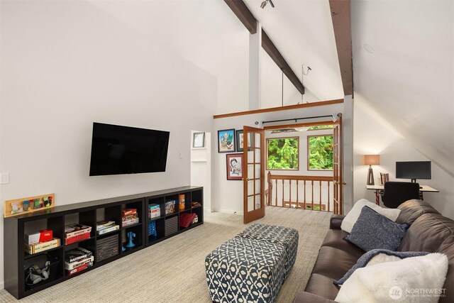 25112 SE 17th St, Sammamish, WA 98075 - living room with carpet floors, beamed ceiling, and high vaulted ceiling