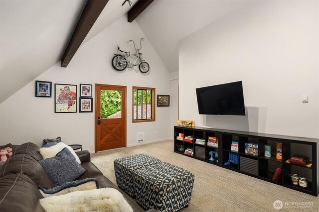 25112 SE 17th St, Sammamish, WA 98075 - living area with beamed ceiling, carpet floors, and high vaulted ceiling