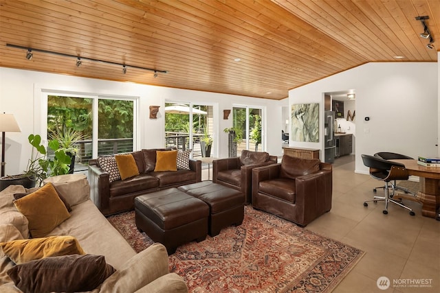 25112 SE 17th St, Sammamish, WA 98075 - tiled living area featuring rail lighting, wood ceiling, and vaulted ceiling