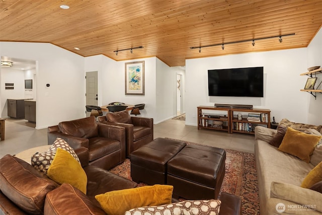 25112 SE 17th St, Sammamish, WA 98075 - tiled living area featuring rail lighting, wooden ceiling, and vaulted ceiling