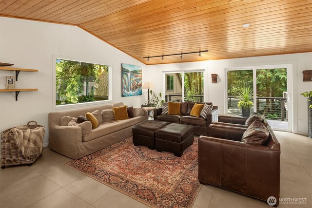 25112 SE 17th St, Sammamish, WA 98075 - tiled living area with wooden ceiling, track lighting, and lofted ceiling
