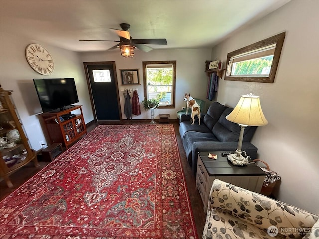 416 Cedar St S, Omak, WA 98841 - living room featuring a ceiling fan and wood finished floors