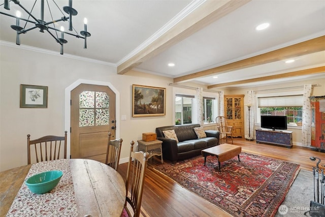 8038 S Ainsworth Ave, Tacoma, WA 98408 - living area with wood finished floors, a chandelier, crown molding, beamed ceiling, and recessed lighting