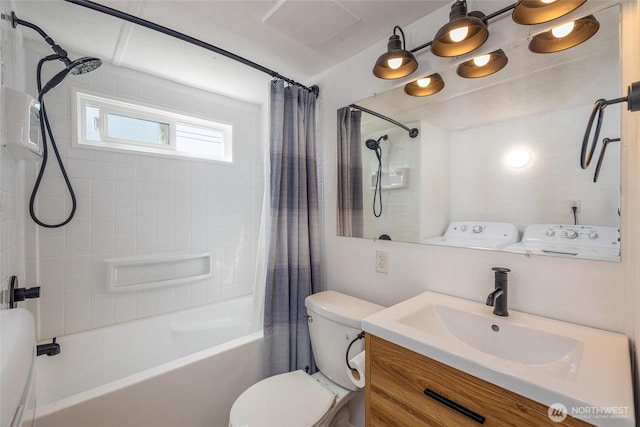 2500 Samish Way Unit 44, Bellingham, WA 98229 - bathroom featuring shower / bathtub combination with curtain, vanity, and washing machine and clothes dryer