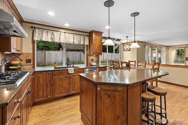 14809 283rd Pl NE, Duvall, WA 98019 - kitchen with under cabinet range hood, a breakfast bar, appliances with stainless steel finishes, light wood-style flooring, and a center island