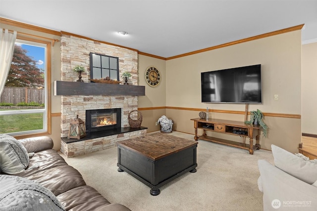 14809 283rd Pl NE, Duvall, WA 98019 - carpeted living area featuring ornamental molding and a stone fireplace