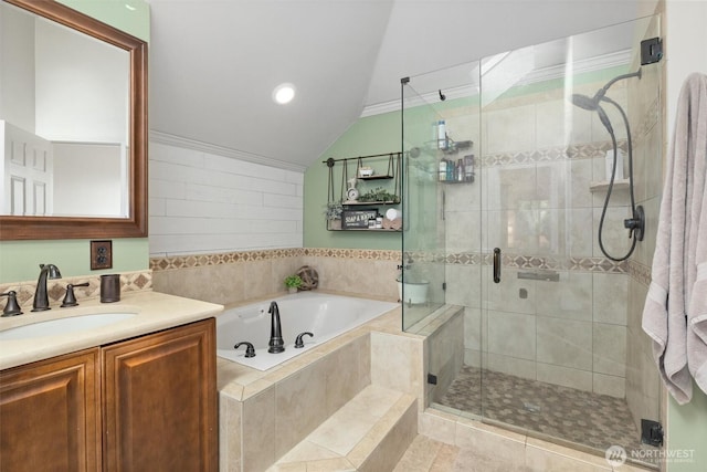 14809 283rd Pl NE, Duvall, WA 98019 - bathroom featuring vaulted ceiling, a garden tub, vanity, a shower stall, and recessed lighting