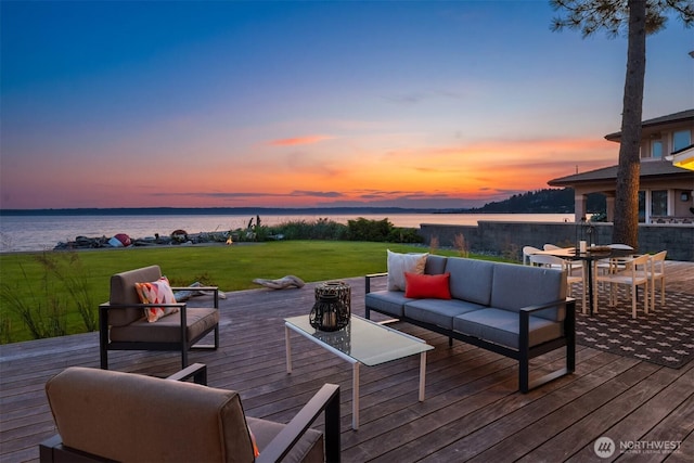 18505 Normandy Ter SW, Normandy Park, WA 98166 - wooden terrace with outdoor lounge area, a water view, outdoor dining space, and a yard