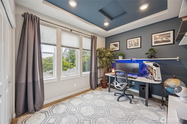 18437 111th Ave E, Puyallup, WA 98374 - office featuring a raised ceiling, recessed lighting, wood finished floors, and attic access