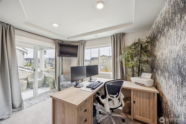 18437 111th Ave E, Puyallup, WA 98374 - carpeted home office with a tray ceiling, healthy amount of natural light, and recessed lighting
