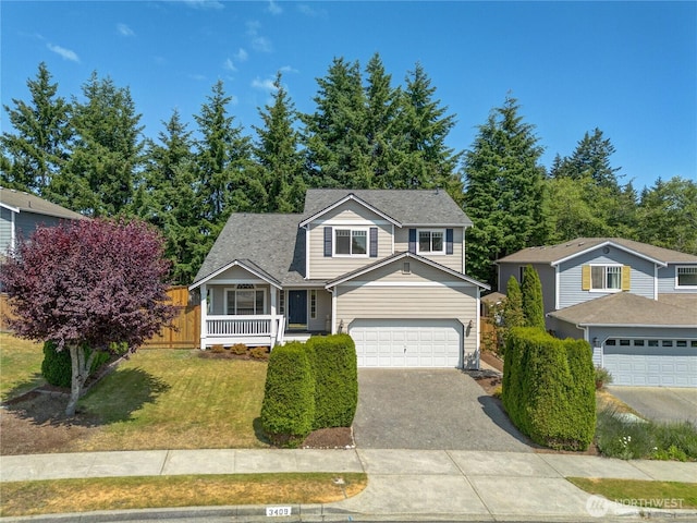 3409 49th St NE, Tacoma, WA 98422 - traditional home with driveway, a front yard, covered porch, and a shingled roof
