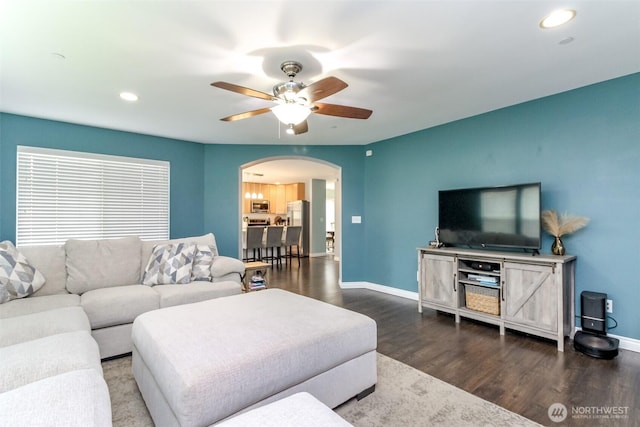 1194 Swan Loop, Dupont, WA 98327 - living room with arched walkways, ceiling fan, wood finished floors, and recessed lighting