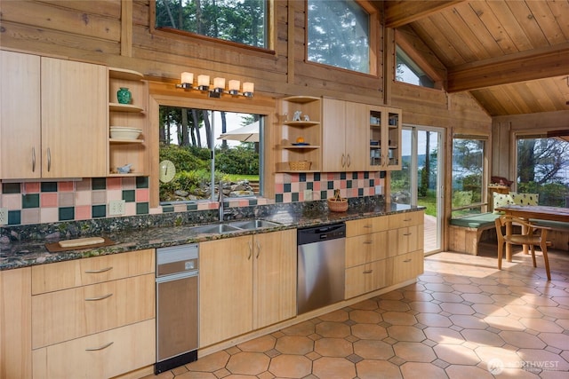 1585 Channel Rd, Lopez Island, WA 98261 - kitchen featuring dishwasher, open shelves, light brown cabinets, backsplash, and wooden walls
