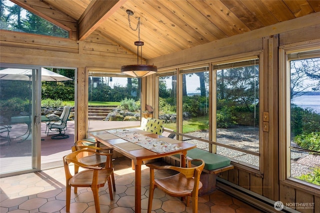 1585 Channel Rd, Lopez Island, WA 98261 - sunroom / solarium featuring outdoor dining area, wood ceiling, wood walls, tile patterned flooring, and a wooden deck