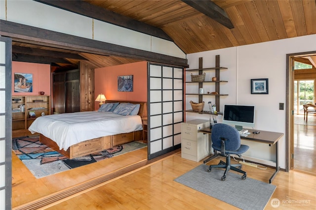 1585 Channel Rd, Lopez Island, WA 98261 - bedroom featuring wooden ceiling, a desk, and light wood finished floors