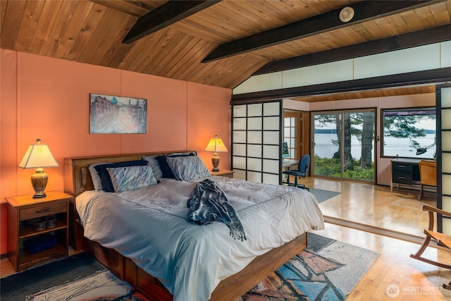 1585 Channel Rd, Lopez Island, WA 98261 - bedroom featuring wood ceiling, access to exterior, and wood finished floors