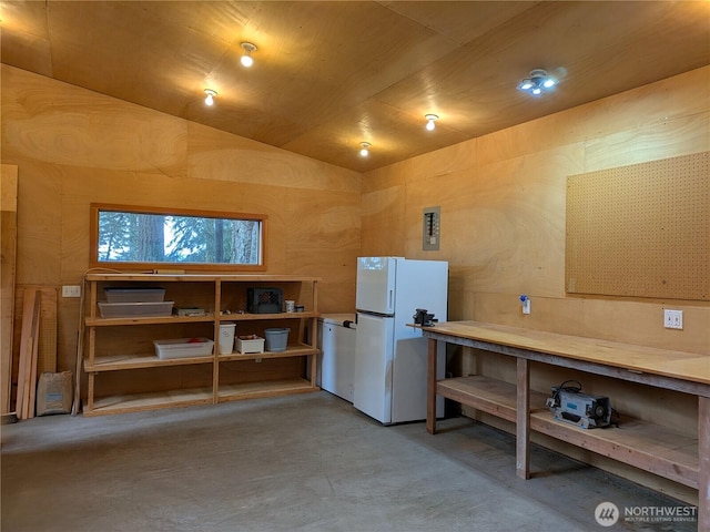 1585 Channel Rd, Lopez Island, WA 98261 - miscellaneous room featuring finished concrete flooring and vaulted ceiling