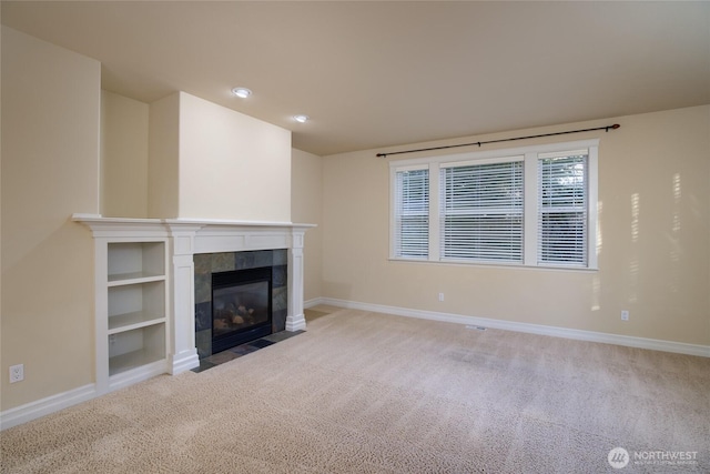 2605 Fir Crest Blvd, Anacortes, WA 98221 - unfurnished living room with light colored carpet, a fireplace, and recessed lighting