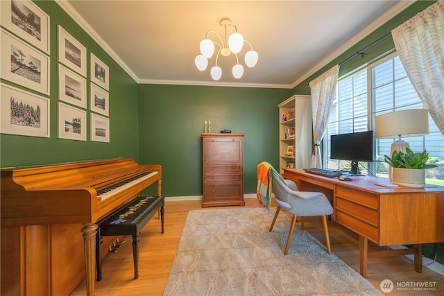 16955 Lookout Mountain Rd SE, Monroe, WA 98272 - office featuring light wood-style flooring, a chandelier, and ornamental molding