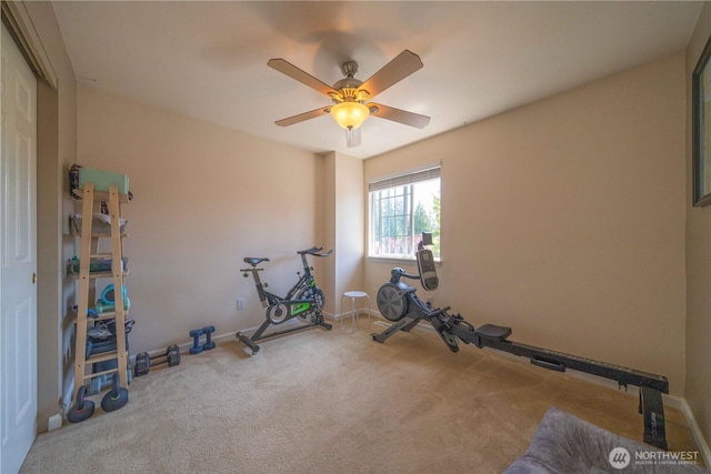 16955 Lookout Mountain Rd SE, Monroe, WA 98272 - exercise area featuring carpet floors and ceiling fan
