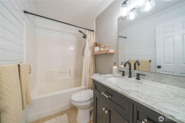 16955 Lookout Mountain Rd SE, Monroe, WA 98272 - full bathroom featuring ornamental molding, vanity, shower / bath combination with curtain, wood walls, and tile patterned flooring