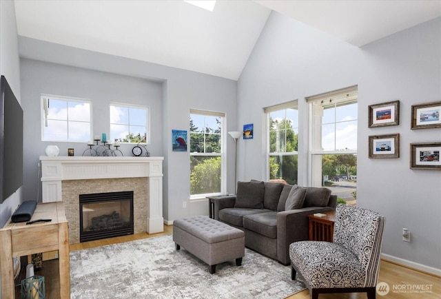 1404 Portside Ct, Freeland, WA 98249 - living area with light wood-type flooring, a glass covered fireplace, and high vaulted ceiling