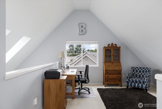 1404 Portside Ct, Freeland, WA 98249 - carpeted home office featuring vaulted ceiling and a skylight