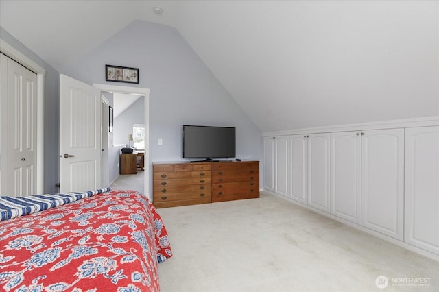 1404 Portside Ct, Freeland, WA 98249 - bedroom with vaulted ceiling, light carpet, and a closet