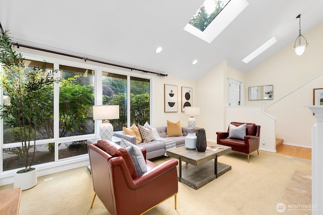 11404 NE 103rd St, Kirkland, WA 98033 - living room featuring a skylight, carpet floors, recessed lighting, and high vaulted ceiling