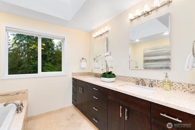 11404 NE 103rd St, Kirkland, WA 98033 - full bathroom with double vanity, decorative backsplash, tiled tub, and tile patterned floors