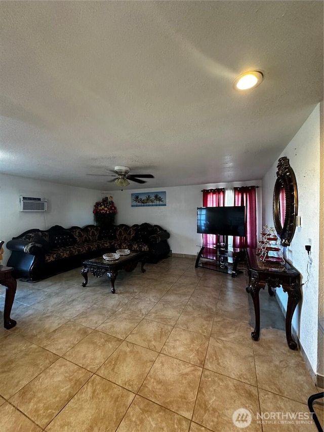 438 Biggs Dr, Moses Lake, WA 98837 - living area featuring a textured ceiling, a ceiling fan, a wall mounted AC, and light tile patterned flooring