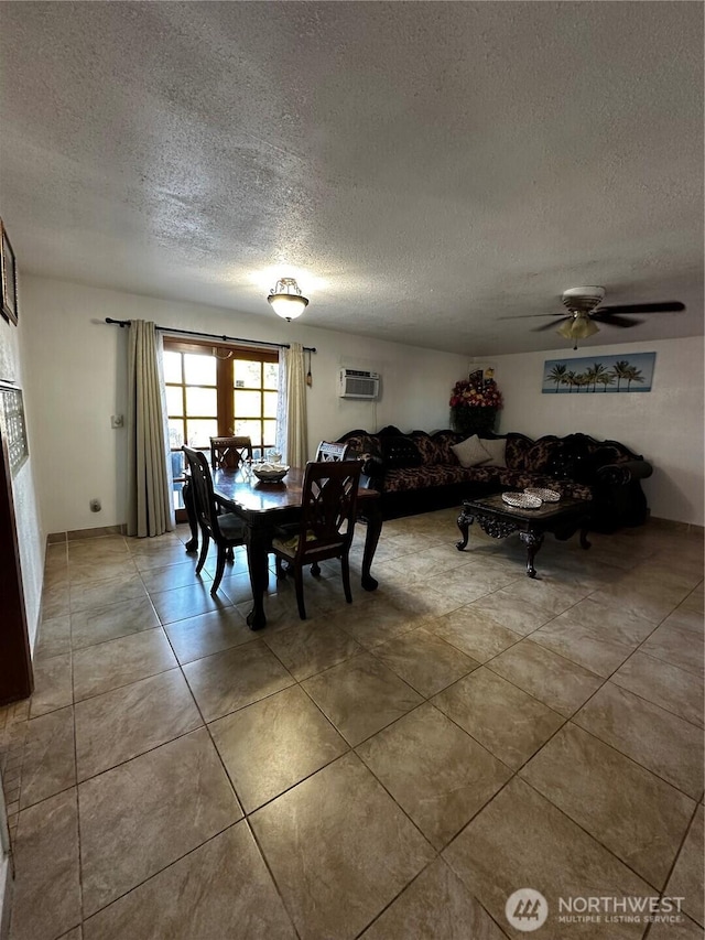 438 Biggs Dr, Moses Lake, WA 98837 - dining area featuring a textured ceiling, an AC wall unit, light tile patterned flooring, and ceiling fan