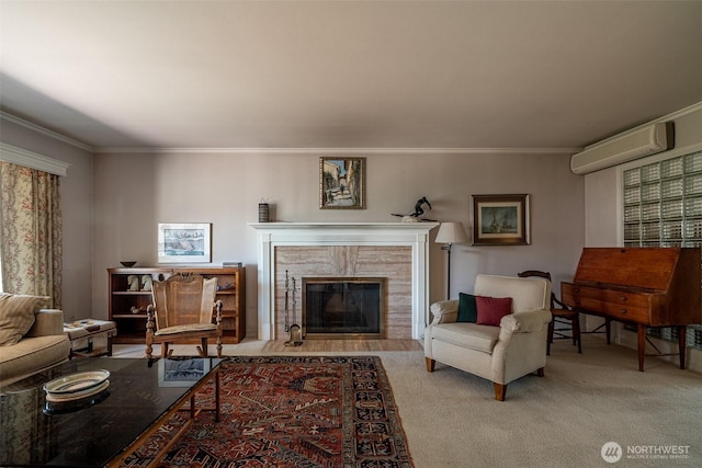 601 Yakima St, Wenatchee, WA 98801 - living area featuring a wall mounted air conditioner, ornamental molding, a tiled fireplace, and carpet flooring