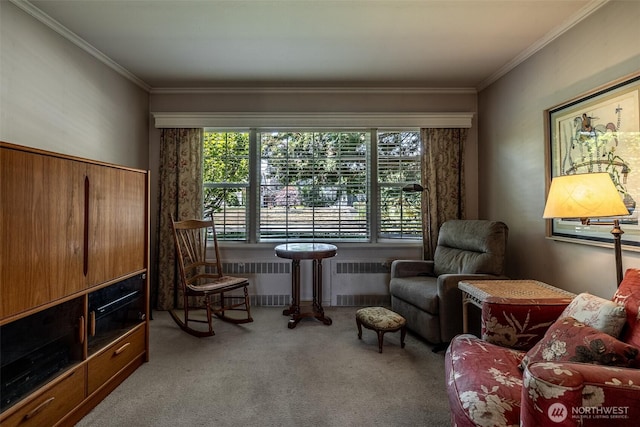 601 Yakima St, Wenatchee, WA 98801 - living area featuring carpet floors, plenty of natural light, crown molding, and radiator