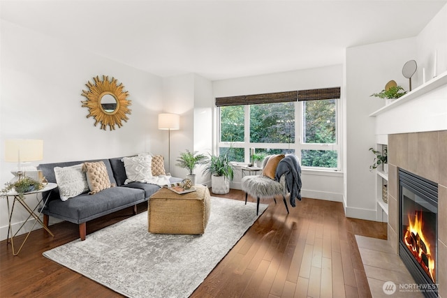 5955 Delridge Way SW, Seattle, WA 98106 - living room with a tiled fireplace and dark wood-type flooring