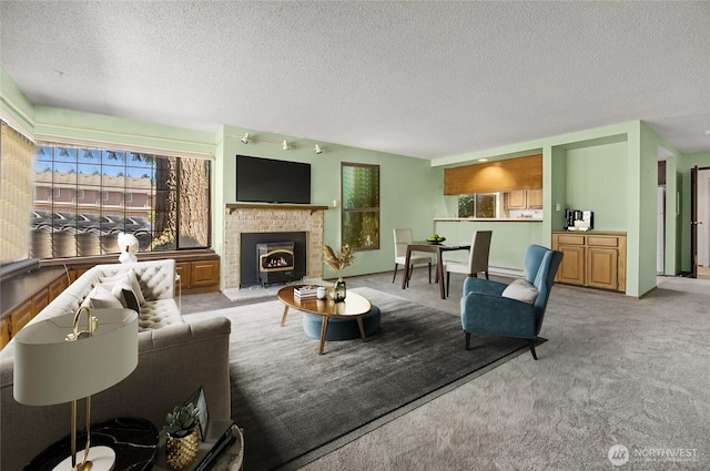 8408 18th Ave W Unit 10-101, Everett, WA 98204 - living room with carpet flooring, a textured ceiling, and a brick fireplace