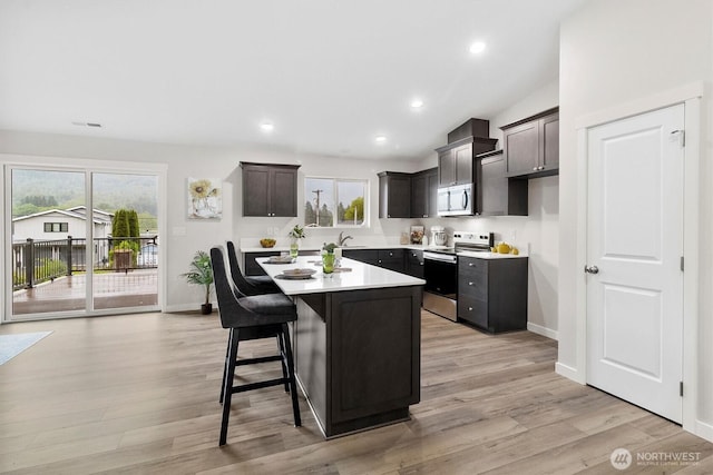 281 Shallow Shore Rd, Bellingham, WA 98229 - kitchen featuring appliances with stainless steel finishes, healthy amount of natural light, a center island, light countertops, and recessed lighting