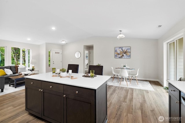 281 Shallow Shore Rd, Bellingham, WA 98229 - kitchen featuring light countertops, open floor plan, lofted ceiling, light wood-style floors, and dark brown cabinets